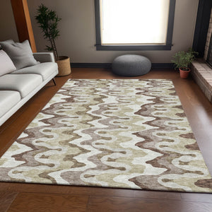 Homeroots 3' Artichoke Green And Ivory Abstract Washable Area Rug For Indoor And Outdoor Spaces, Durable Design 5' X 8' Polyester 584825