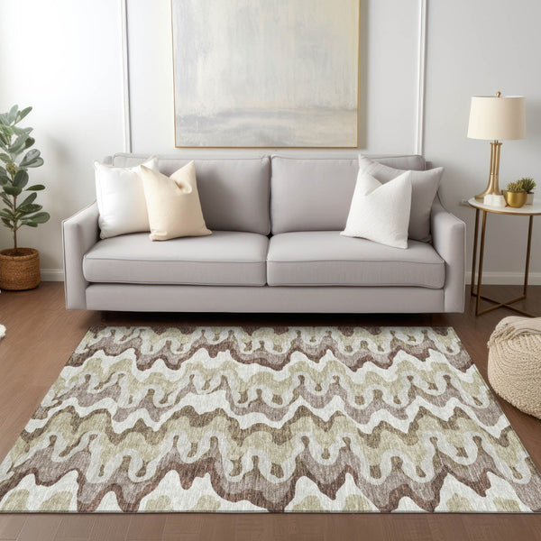 Homeroots 3' Artichoke Green And Ivory Abstract Washable Area Rug For Indoor And Outdoor Spaces, Durable Design 5' X 8' Polyester 584825