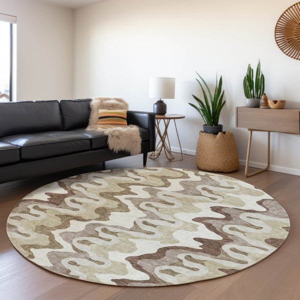 Homeroots 3' Artichoke Green And Ivory Abstract Washable Area Rug For Indoor And Outdoor Spaces, Durable Design 8' Round Polyester 584826