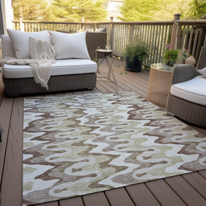 Homeroots 3' Artichoke Green And Ivory Abstract Washable Area Rug For Indoor And Outdoor Spaces, Durable Design 9' X 12' Polyester 584828