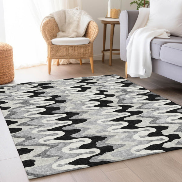 Homeroots 3' Artichoke Green And Ivory Abstract Washable Area Rug For Indoor And Outdoor Spaces, Durable Design 5' X 8' Polyester 584831