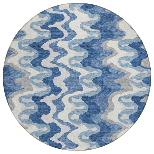 HomeRoots 5' Navy Blue and Sky Blue Abstract Area Rug - Versatile, Washable, Durable for Indoor & Outdoor Use 8' Round 584844