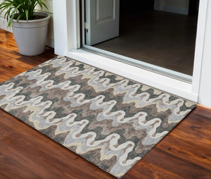 Homeroots 3' Artichoke Green And Ivory Abstract Washable Area Rug For Indoor And Outdoor Spaces, Durable Design 3' X 5' Polyester 584848