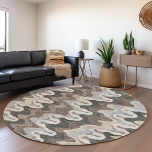 Homeroots 3' Artichoke Green And Ivory Abstract Washable Area Rug For Indoor And Outdoor Spaces, Durable Design 8' Round Polyester 584850
