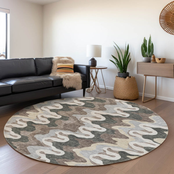 Homeroots 3' Artichoke Green And Ivory Abstract Washable Area Rug For Indoor And Outdoor Spaces, Durable Design 8' Round Polyester 584850