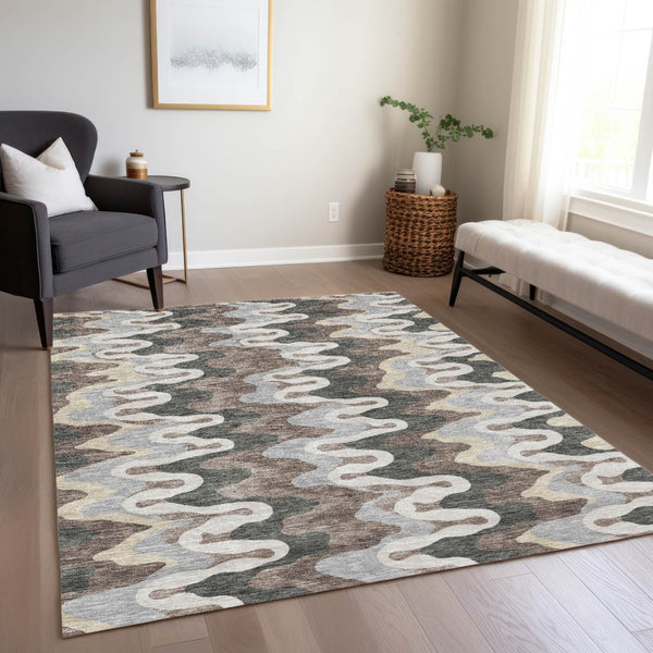 Homeroots 3' Artichoke Green And Ivory Abstract Washable Area Rug For Indoor And Outdoor Spaces, Durable Design 8' X 10' Polyester 584851