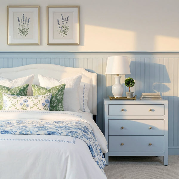 Butler Specialty Butler Light Blue Wide Nightstand with Two Smooth-Glide Drawers, Open Shelf & Gold Knob Accents 25"W x 16"D x 26.5"H 5848522