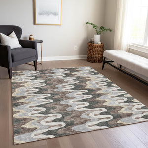 Homeroots 3' Artichoke Green And Ivory Abstract Washable Area Rug For Indoor And Outdoor Spaces, Durable Design 10' X 14' Polyester 584853