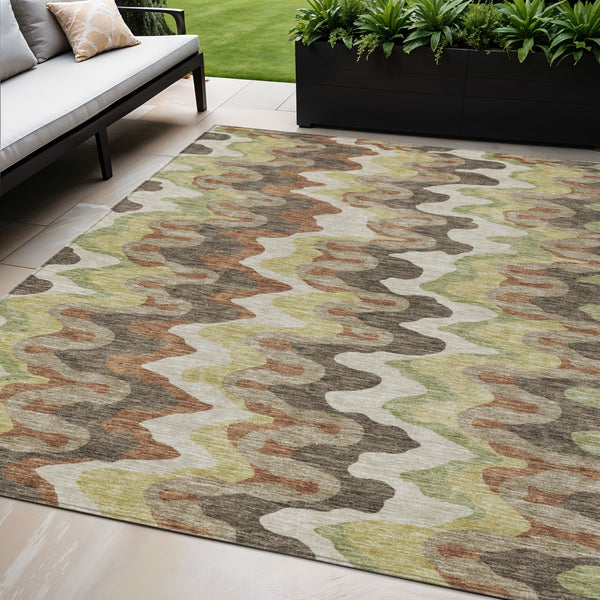 Homeroots 3' Artichoke Green And Ivory Abstract Washable Area Rug For Indoor And Outdoor Spaces, Durable Design 5' X 8' Polyester 584855