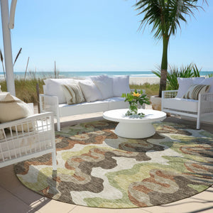 Homeroots 3' Artichoke Green And Ivory Abstract Washable Area Rug For Indoor And Outdoor Spaces, Durable Design 8' Round Polyester 584856