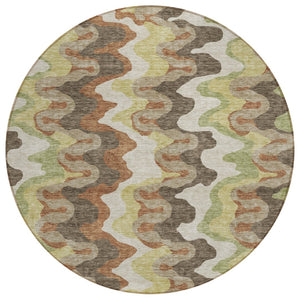 HomeRoots 5' Abstract Washable Area Rug in Chocolate Copper & Artichoke Green - Modern Indoor/Outdoor Decor 8' Round 584856