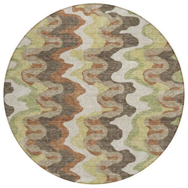 HomeRoots 5' Abstract Washable Area Rug in Chocolate Copper & Artichoke Green - Modern Indoor/Outdoor Decor 8' Round 584856