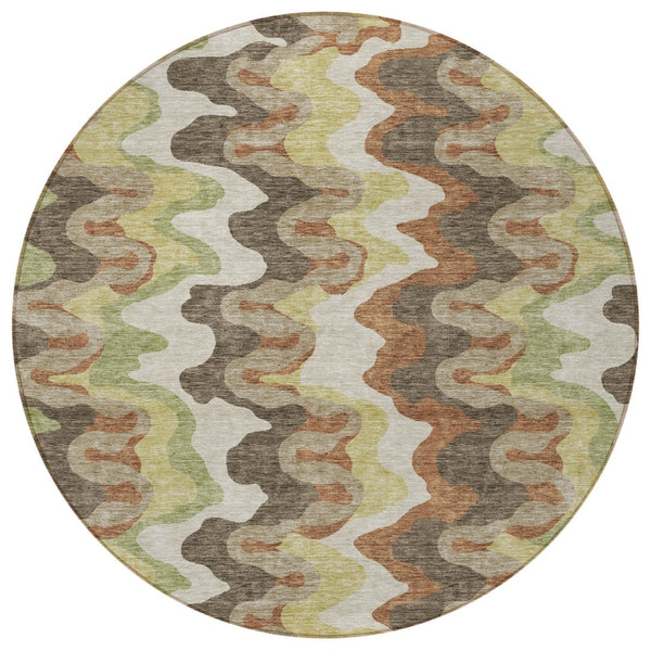 Homeroots 3' Artichoke Green And Ivory Abstract Washable Area Rug For Indoor And Outdoor Spaces, Durable Design 8' Round Polyester 584856