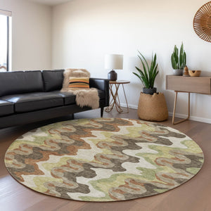 Homeroots 3' Artichoke Green And Ivory Abstract Washable Area Rug For Indoor And Outdoor Spaces, Durable Design 8' Round Polyester 584856