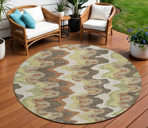 Homeroots 3' Artichoke Green And Ivory Abstract Washable Area Rug For Indoor And Outdoor Spaces, Durable Design 8' Round Polyester 584856