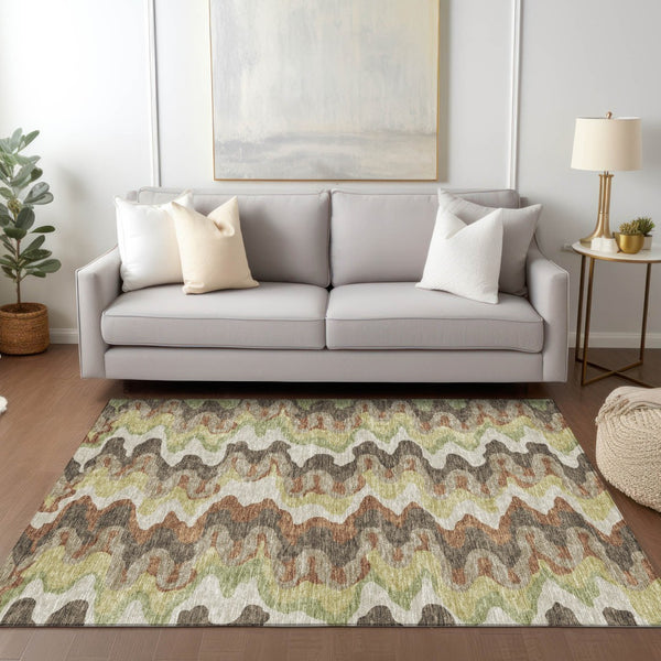 Homeroots 3' Artichoke Green And Ivory Abstract Washable Area Rug For Indoor And Outdoor Spaces, Durable Design 8' X 10' Polyester 584857