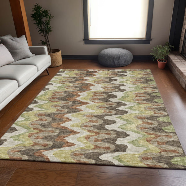 Homeroots 3' Artichoke Green And Ivory Abstract Washable Area Rug For Indoor And Outdoor Spaces, Durable Design 9' X 12' Polyester 584858
