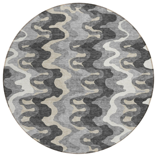 HomeRoots 5' Modern Abstract Gray Silver Charcoal Area Rug - Washable Indoor/Outdoor Durable Design for All Spaces 8' Round 584862