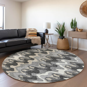 Homeroots 3' Artichoke Green And Ivory Abstract Washable Area Rug For Indoor And Outdoor Spaces, Durable Design 8' Round Polyester 584862