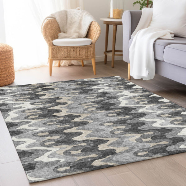 Homeroots 3' Artichoke Green And Ivory Abstract Washable Area Rug For Indoor And Outdoor Spaces, Durable Design 9' X 12' Polyester 584864