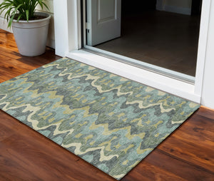 Homeroots 3' Artichoke Green And Ivory Abstract Washable Area Rug For Indoor And Outdoor Spaces, Durable Design 3' X 5' Polyester 584866