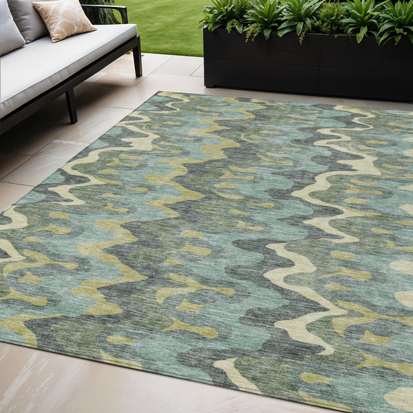 Homeroots 3' Artichoke Green And Ivory Abstract Washable Area Rug For Indoor And Outdoor Spaces, Durable Design 5' X 8' Polyester 584867