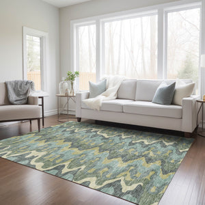 Homeroots 3' Artichoke Green And Ivory Abstract Washable Area Rug For Indoor And Outdoor Spaces, Durable Design 5' X 8' Polyester 584867