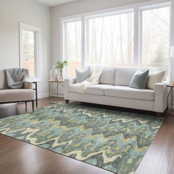 Homeroots 3' Artichoke Green And Ivory Abstract Washable Area Rug For Indoor And Outdoor Spaces, Durable Design 5' X 8' Polyester 584867