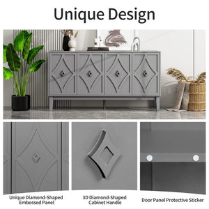 English Elm 4 Door Sideboard Buffet with Hand Carved Geometric Panels Black Oak Finish Raised Legs W688P359831