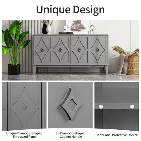 English Elm 4 Door Sideboard Buffet with Hand Carved Geometric Panels Black Oak Finish Raised Legs W688P359831