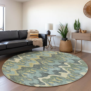 Homeroots 3' Artichoke Green And Ivory Abstract Washable Area Rug For Indoor And Outdoor Spaces, Durable Design 8' Round Polyester 584868