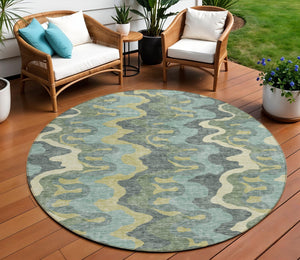 Homeroots 3' Artichoke Green And Ivory Abstract Washable Area Rug For Indoor And Outdoor Spaces, Durable Design 8' Round Polyester 584868