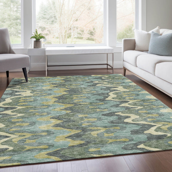 Homeroots 3' Artichoke Green And Ivory Abstract Washable Area Rug For Indoor And Outdoor Spaces, Durable Design 8' X 10' Polyester 584869