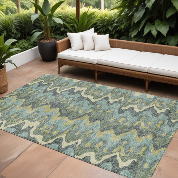 Homeroots 3' Artichoke Green And Ivory Abstract Washable Area Rug For Indoor And Outdoor Spaces, Durable Design 9' X 12' Polyester 584870