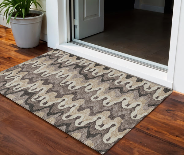 Homeroots 3' Artichoke Green And Ivory Abstract Washable Area Rug For Indoor And Outdoor Spaces, Durable Design 3' X 5' Polyester 584878