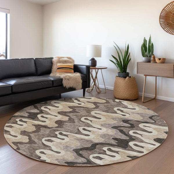 Homeroots 3' Artichoke Green And Ivory Abstract Washable Area Rug For Indoor And Outdoor Spaces, Durable Design 8' Round Polyester 584880