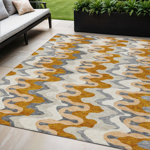 Homeroots 3' Artichoke Green And Ivory Abstract Washable Area Rug For Indoor And Outdoor Spaces, Durable Design 5' X 8' Polyester 584885