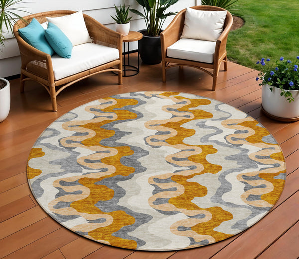 Homeroots 3' Artichoke Green And Ivory Abstract Washable Area Rug For Indoor And Outdoor Spaces, Durable Design 8' Round Polyester 584886