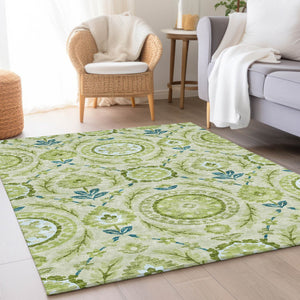Homeroots 3' Floral Washable Area Rug In Artichoke Green And Blue - Perfect For Indoor And Outdoor Spaces 3' X 5' Polyester 584890