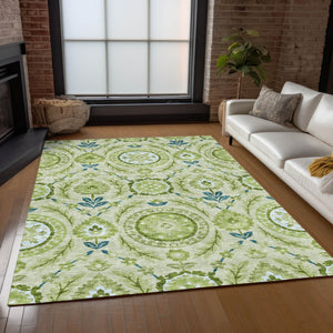 Homeroots 3' Floral Washable Area Rug In Artichoke Green And Blue - Perfect For Indoor And Outdoor Spaces 3' X 5' Polyester 584890