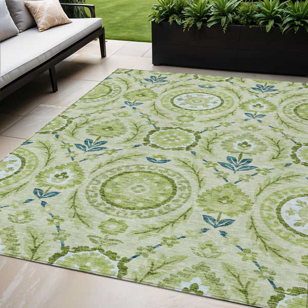 Homeroots 3' Floral Washable Area Rug In Artichoke Green And Blue - Perfect For Indoor And Outdoor Spaces 5' X 8' Polyester 584891