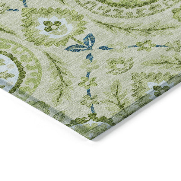 Homeroots 3' Floral Washable Area Rug In Artichoke Green And Blue - Perfect For Indoor And Outdoor Spaces 5' X 8' Polyester 584891