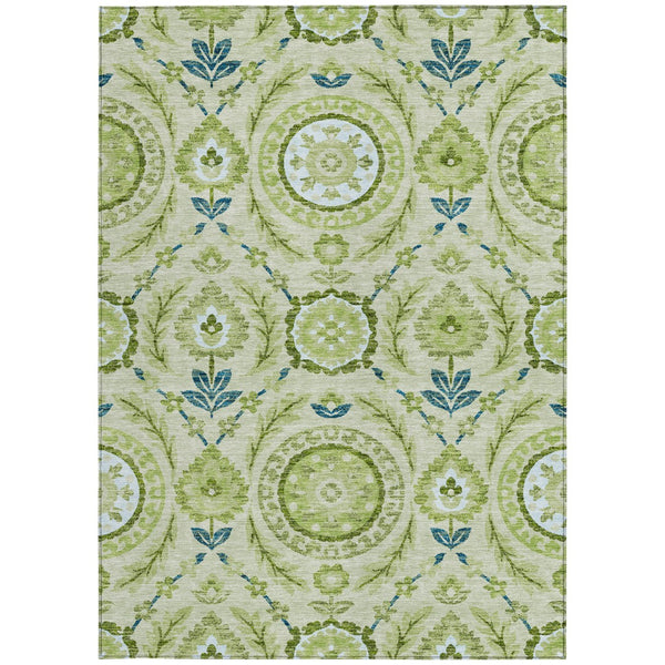 Homeroots 3' Floral Washable Area Rug In Artichoke Green And Blue - Perfect For Indoor And Outdoor Spaces 5' X 8' Polyester 584891