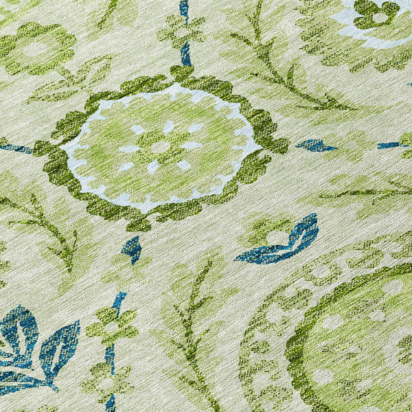 Homeroots 3' Floral Washable Area Rug In Artichoke Green And Blue - Perfect For Indoor And Outdoor Spaces 5' X 8' Polyester 584891