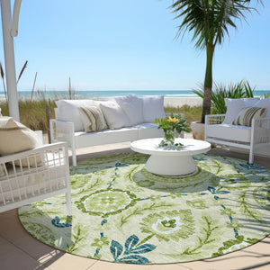 Homeroots 3' Floral Washable Area Rug In Artichoke Green And Blue - Perfect For Indoor And Outdoor Spaces 8' Round Polyester 584892