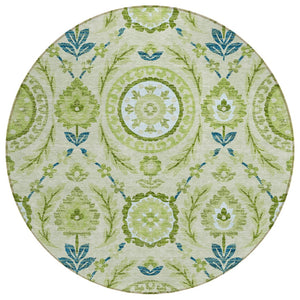 HomeRoots 5' Elegant Floral Area Rug in Artichoke Green, Olive, and Blue - Washable for Indoor/Outdoor Use 8' Round 584892