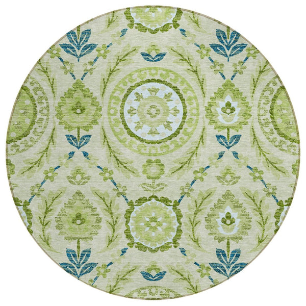 HomeRoots 5' Elegant Floral Area Rug in Artichoke Green, Olive, and Blue - Washable for Indoor/Outdoor Use 8' Round 584892