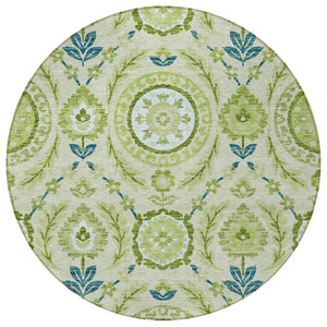 Homeroots 3' Floral Washable Area Rug In Artichoke Green And Blue - Perfect For Indoor And Outdoor Spaces 8' Round Polyester 584892