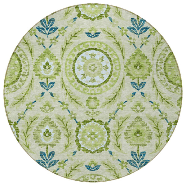 Homeroots 3' Floral Washable Area Rug In Artichoke Green And Blue - Perfect For Indoor And Outdoor Spaces 8' Round Polyester 584892