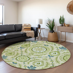Homeroots 3' Floral Washable Area Rug In Artichoke Green And Blue - Perfect For Indoor And Outdoor Spaces 8' Round Polyester 584892